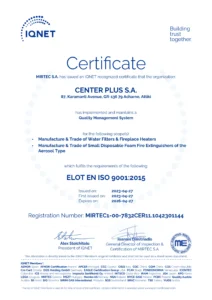 Certificate showing IQNET logo and CENTER PLUS S.A.; confirms ISO 9001:2015 Quality Management System.