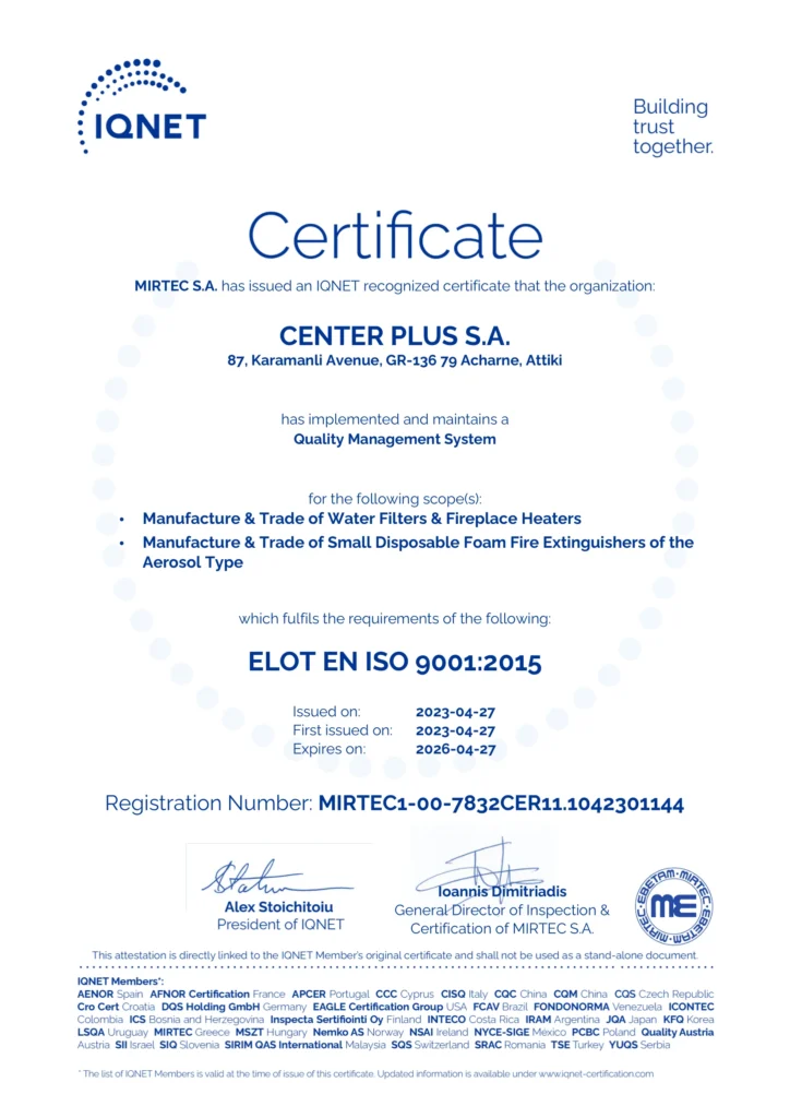 Certificate showing IQNET logo and CENTER PLUS S.A.; confirms ISO 9001:2015 Quality Management System.