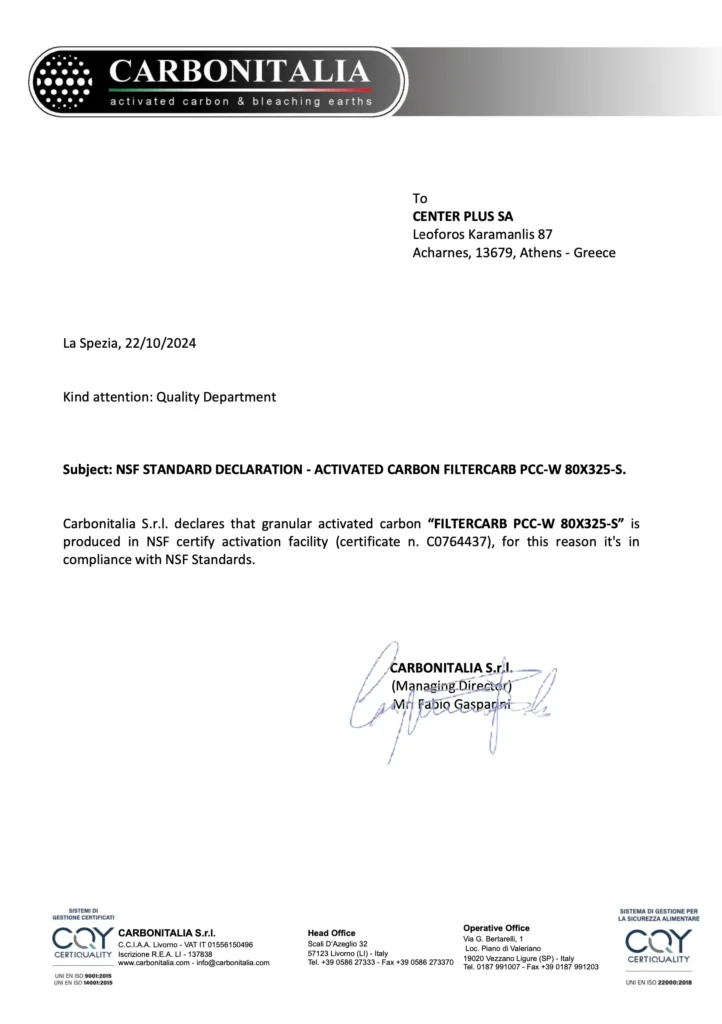 Carbonitalia letterhead with gradient banner and logo, addressed to Center Plus SA in Athens; date La Spezia 22/10/2024; subject NSF standard declaration.